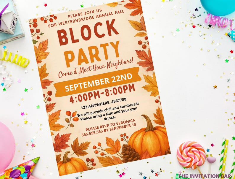 Fall Block Party Flyer Editable Template for Autumn Neighborhood Party ...