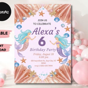 Mermaid Birthday Invitation Template Gold Under the Sea Birthday Invite Canva Editable Printable Download
