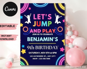 Invitación de cumpleaños de trampolín: Fiesta de saltos tie-dye, Canva editable (PDF)