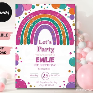 Invitación de cumpleaños con brillo arcoíris: Plantilla editable de Canva (5x7, descarga digital)