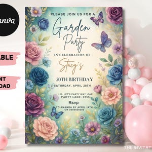 Wildflower Birthday Invitation Garden Party Invite Girl 16th 18th 21st Birthday Floral Spring Flowers Butterfly Editable Canva Template