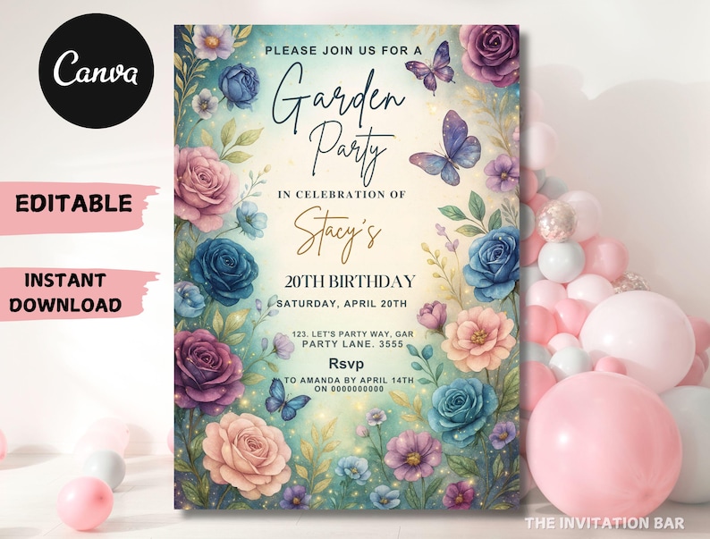May include: A floral garden party invitation with the text "Garden Party" and "Stacy's 20th Birthday". The design features watercolor roses, butterflies, and the Canva logo. The invitation is editable and available for instant download.