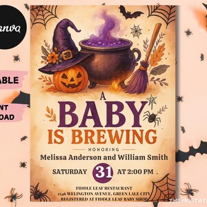 May include: Halloween-themed baby shower invitation with a witch's hat, cauldron, and pumpkin. The text reads "A Baby is Brewing" with event details. The design includes bats, spiders, and spiderwebs, with the Canva logo.