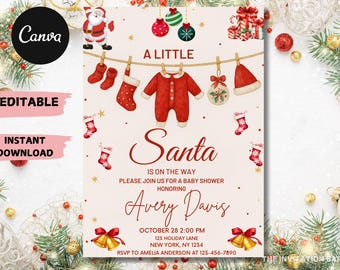 May include: A baby shower invitation with a Christmas theme. The invitation features a red onesie, stockings, and ornaments hanging on a clothesline. The text reads "A Little Santa is on the Way" and includes event details.