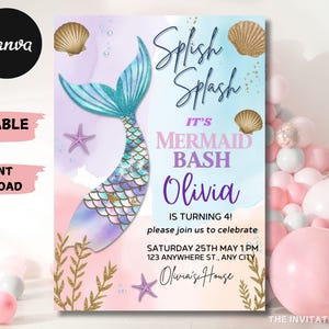 Mermaid Birthday Invitation Template Gold Under the Sea Birthday Invite Canva Editable Printable Download