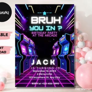 Invitación de cumpleaños de arcade editable en Canva, invitación a una fiesta de juegos retro, plantilla de cumpleaños de videojuego digital para niños, tarjeta personalizable