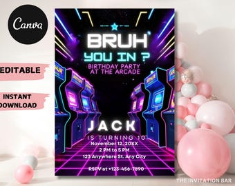 Invitación de cumpleaños de arcade: Fiesta de videojuegos retro (Plantilla editable de Canva)