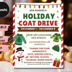 May include: A festive holiday coat drive flyer with a red and white striped border. The flyer includes the text "Holiday Coat Drive" and details about drop-off locations, dates, and items needed, such as hats, coats, and gloves.