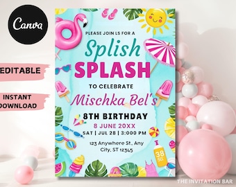 Pool Party Birthday Invitation: Pink Flamingo, Girl Summer (Editable Digital Download)