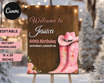 Editable Cowgirl Birthday Welcome Sign, Western Rodeo, Floral Boots (Digital Download)