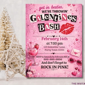 May include: Pink Galentine's Bash invitation with text, lipstick, dice, and a cocktail. The invitation includes the date, time, and location. The invitation also has a red lip graphic and heart-shaped sunglasses.