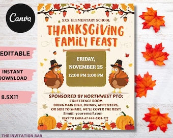 May include: Thanksgiving Family Feast invitation with cartoon turkeys, pumpkins, and fall leaves. The invitation is 8.5x11 inches and includes event details like the date, time, and location. The design is in warm autumn colors.