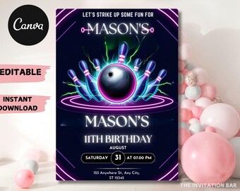 Invitación de cumpleaños de bolos luminosos: Fiesta de neón, plantilla editable (PDF o JPEG)
