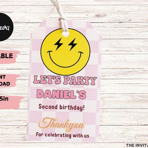 Checkered Smile Face Favor Tags: Retro Groovy Birthday, Printable (PDF Download)
