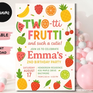 Two-tti Frutti Birthday Invitation: Fruit Party, Canva Template (5x7, Digital Download