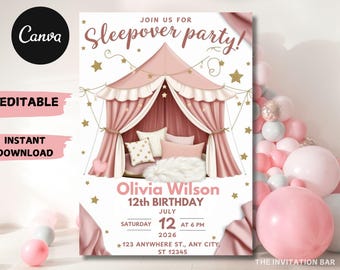 Invito per pigiama party: tenda da campeggio, modello Canva modificabile (download digitale)
