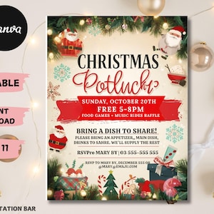 Op de afbeelding: Een feestelijke kerstpotluck-uitnodiging met illustraties van de kerstman, sneeuwvlokken en kerstboomversieringen. De uitnodiging is 21,59 x 27,94 cm groot en bevat evenementdetails zoals datum, tijd en RSVP-informatie.
