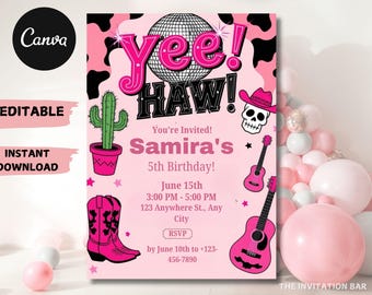 Space Cowgirl Birthday Invitation: Disco Rodeo, Pink Theme (Digital Download)