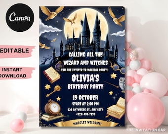 Faire-part d'anniversaire sorcier magique : invitation à une fête au château modifiable (PDF ou JPEG)