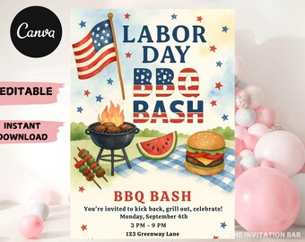 Patriotic BBQ Party Invitation: Red, White & Blue Cookout (Digital Download)