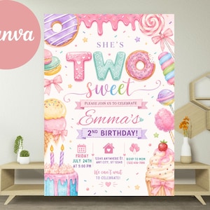 Two Sweet Birthday Invitation: Dessert Theme, Donut Ice Cream Party (Digital Download)