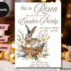 May include: Easter party invitation featuring a watercolor illustration of a gray bunny in a woven basket with pastel eggs and flowers. The text reads "He is Risen" and "Easter Party". The invitation is 5x7 inches.