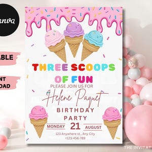 以下が含まれることがあります： ピンク、白、青のアイスクリームコーンをテーマにした印刷可能な誕生日パーティー招待状。招待状には「Three Scoops of Fun」と「Helene Paquet」の名前と「8月21日（月）」の日付が記載されています。