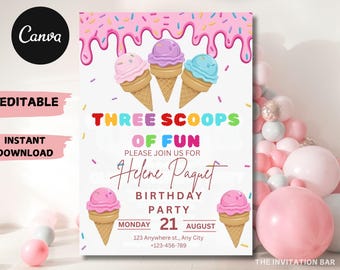 Ice Cream Birthday Invitation: Three Scoops of Fun, Editable Template (Digital Download)