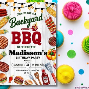 May include: A colorful invitation for a backyard BBQ to celebrate Madisson's birthday party. The invitation features a watercolor illustration of grilling food, including corn on the cob, hot dogs, hamburgers, and peppers. The text on the invitation reads "Join us for a Backyard BBQ to celebrate Madisson's Birthday Party, August, Saturday 31 at 07:00 PM, 123 Anywhere St., Any City, ST 12345."