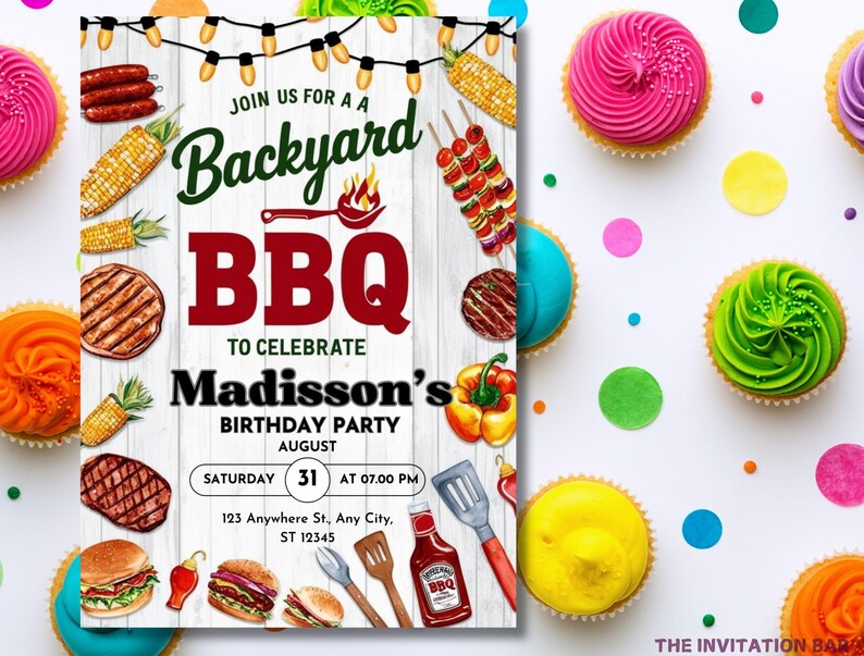 May include: A colorful invitation for a backyard BBQ to celebrate Madisson's birthday party. The invitation features a watercolor illustration of grilling food, including corn on the cob, hot dogs, hamburgers, and peppers. The text on the invitation reads "Join us for a Backyard BBQ to celebrate Madisson's Birthday Party, August, Saturday 31 at 07:00 PM, 123 Anywhere St., Any City, ST 12345."