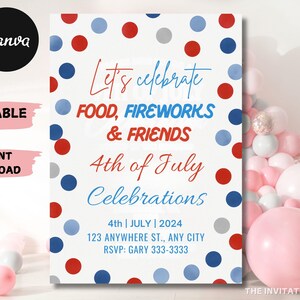 以下が含まれることがあります： 赤、白、青のドット柄の白い招待状。カードには「Let's celebrate FOOD, FIREWORKS & FRIENDS 4th of July Celebrations」と書かれています。カードには日付、住所、RSVP情報も含まれています。CanvaとThe Invitation Barのロゴが表示されています。