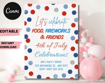 Elegant Confetti 4th of July Invitation Template (Digital Download, 5x7in, Editable in Canva.com)