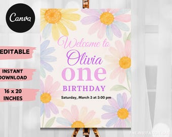 Daisy verjaardag welkomstbord, pastel aquarel bloemendecor (bewerkbaar digitaal canvabestand)