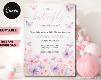 Invitación de cumpleaños con mariposa rosa: Fiesta de hadas florales (Descarga digital, 13x18 cm)