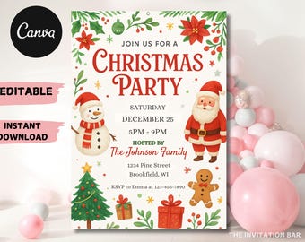 Kids Christmas Party Invitation: Santa Hat, Editable Canva Template (Digital Download)