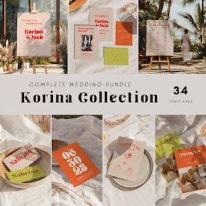 May include: A complete wedding bundle featuring the "Korina Collection" with 34 templates. The image showcases various wedding stationery items, including welcome signs, invitation cards, and thank you notes. The color palette includes shades of orange, green, and beige.