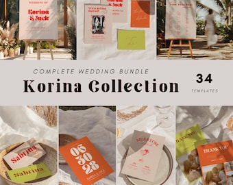 May include: A complete wedding bundle featuring the "Korina Collection" with 34 templates. The image showcases various wedding stationery items, including welcome signs, invitation cards, and thank you notes. The color palette includes shades of orange, green, and beige.