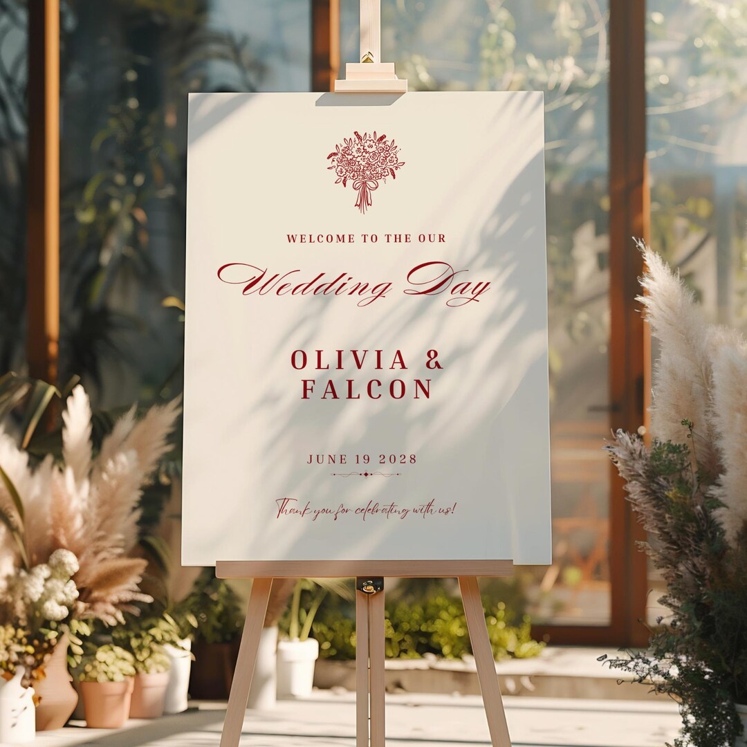 Burgundy Wedding Welcome Sign Template, Elegant Old Money Reception ...
