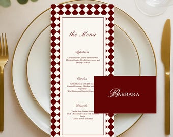 Plantilla de menú y tarjetas de mesa para bodas en color burdeos, elegante conjunto de recepción de lujo estilo clásico, papelería de mesa elegante, imprimible y editable en Canva - WD019
