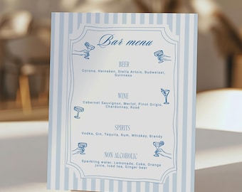 Retro Blue Striped Bar Sign Template, Hand Drawn Blue Wedding Bar Menu, Printable Cocktail Bar Sign, Blue Wedding Sign -WD107