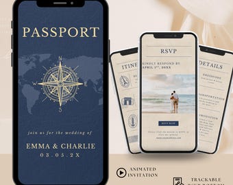 Digital Passport Wedding Invitation with Music & Animation, Interactive Destination Wedding Invite, Trackable RSVP, Editable Travel Wedding