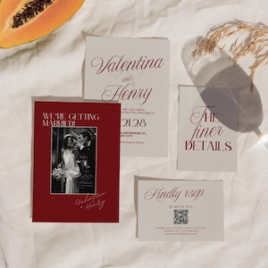 Modern Luxury Wedding Invitation Suite, Old Money Style Invite with RSVP & Details Card, Elegant Cream and Burgundy Wedding Template - WD109