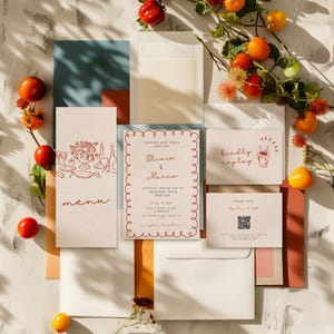 Conjunto de convites de casamento desenhados à mão, conjunto de convites criativos com RSVP, cardápio e cartão de detalhes, modelo de papelaria para casamento para impressão - WD106