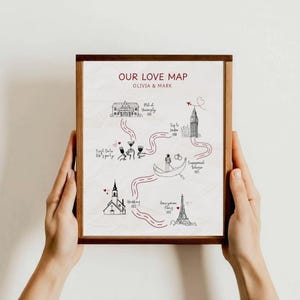 Könnte beinhalten: Gerahmter Druck mit Holzrahmen, betitelt "Our Love Map". Die Karte zeigt handgezeichnete Illustrationen von wichtigen Orten und Ereignissen, die durch einen roten Pfad verbunden sind. Der Text enthält Namen und Daten, mit Wahrzeichen wie dem Eiffelturm und Big Ben.