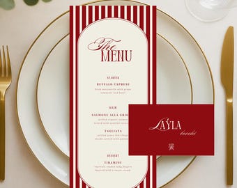 Menú y plantilla de tarjetas de mesa para bodas en color burdeos, conjunto de recepción de lujo de estilo clásico, papelería elegante para mesas, imprimible editable en Canva - WD018