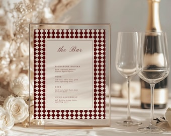 Plantilla de cartel para menú de bar color burdeos, cartel para bar de bodas de clase alta, elegante menú de cócteles de lujo, recepciones editables en Canva, señalización imprimible WD019