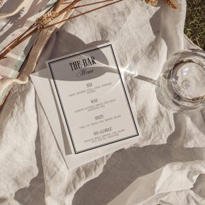 Old Money Luxury Wedding Bar Menu Sign Template, Classic Black White Modern Minimalist Calligraphy Editable Canva Cocktail Menu - WD013