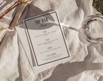 Old Money Luxury Wedding Bar Menu Sign Template, Classic Black White Modern Minimalist Calligraphy Editable Canva Cocktail Menu - WD013