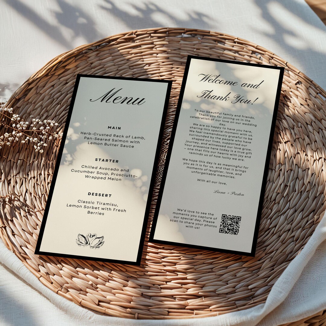 Black White Wedding Menu Card With Backside Welcome + Thank You + Share ...