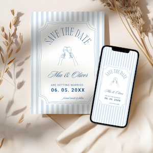 Modello Save the Date a righe blu retrò, invito di nozze disegnato a mano, biglietto illustrato fantasioso, Save the Date stampabile per matrimonio - WD107